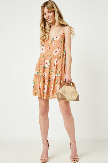 HJ3433W Salmon Womens Floral Tiered Sleeveless Swing Dress Side